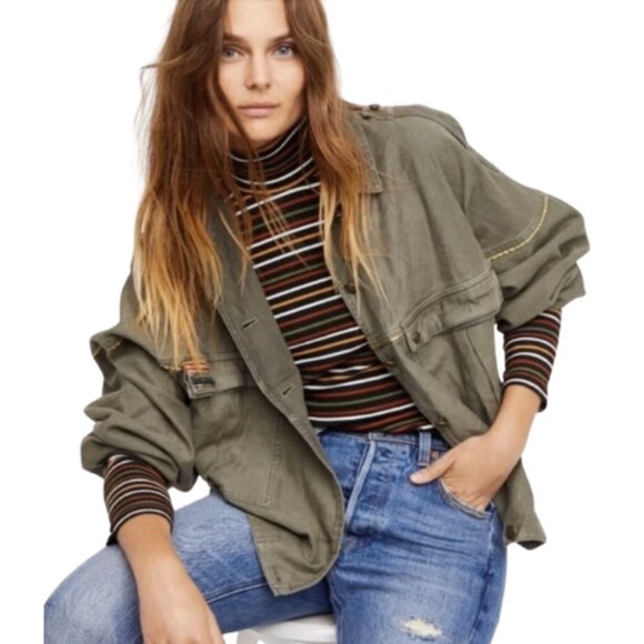 Free People Slouchy Military Jacket In Moss NWOT Size Large - Picture 1 of 6